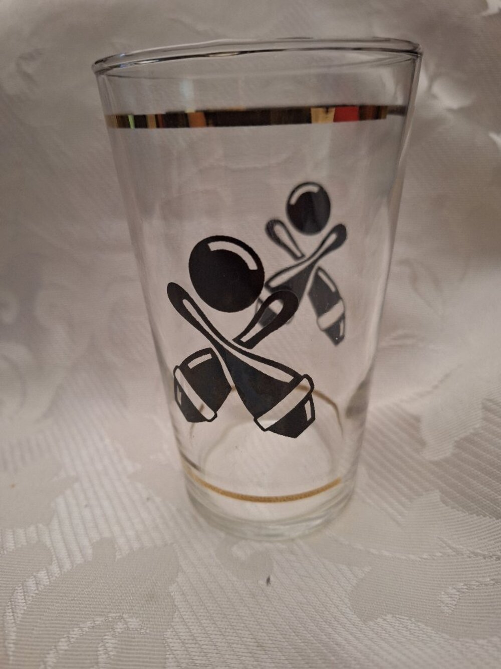 Vintage 1960's 'Federal' Bowling Drinking Glass Bowling Pins Gold Black Barware